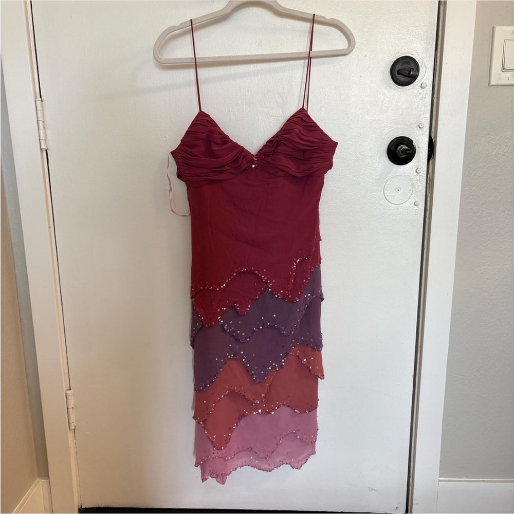 Red Midi Slip Dress with Spaghetti Straps for Cocktail